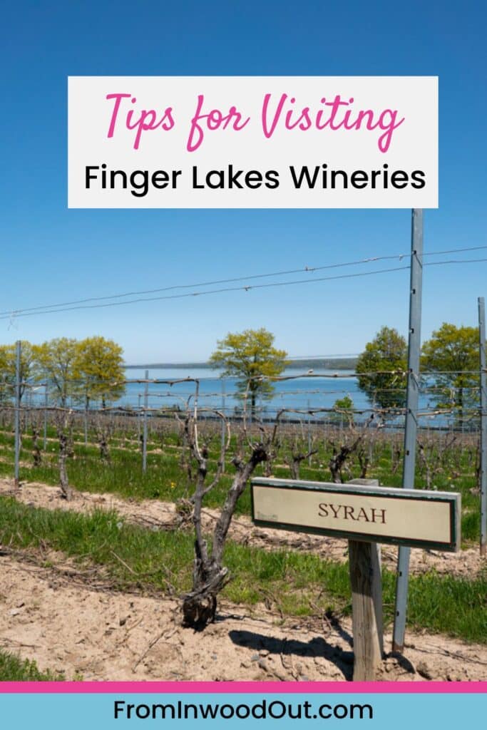 Vineyard rows growing Syrah grapes overlooking a lake. Text overlay says Tips for Visiting Finger Lakes Wineries. 