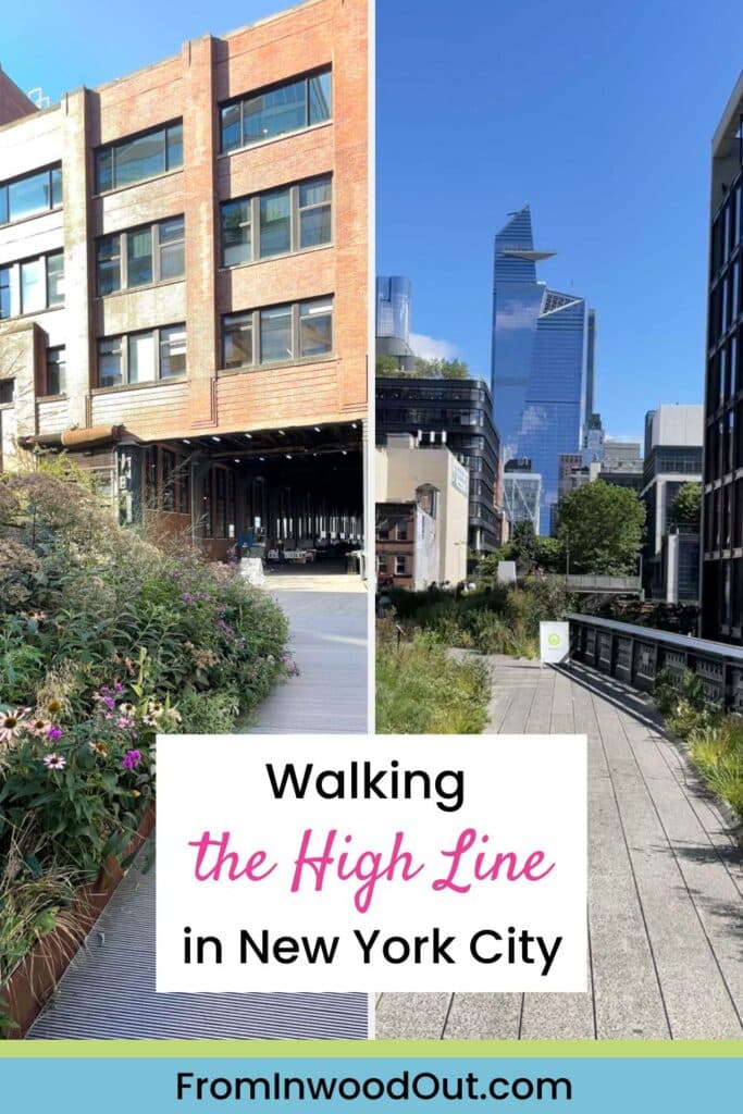 Two vertical images of the walkway on the High Line in New York City.