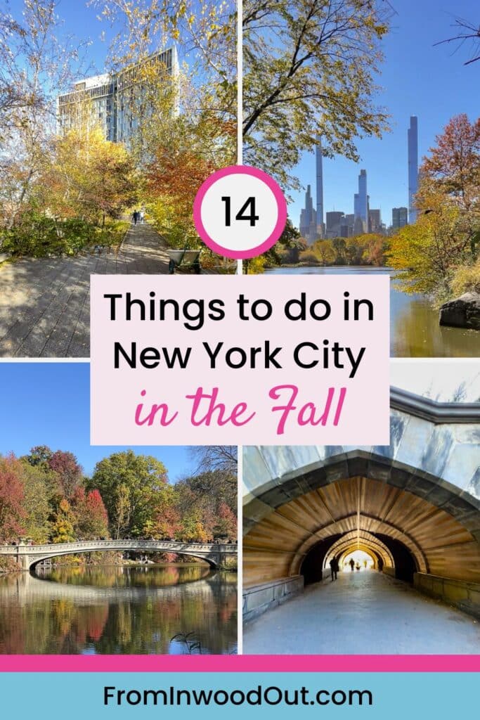 Pinterest graphic with four images public parks in New York City in the fall.