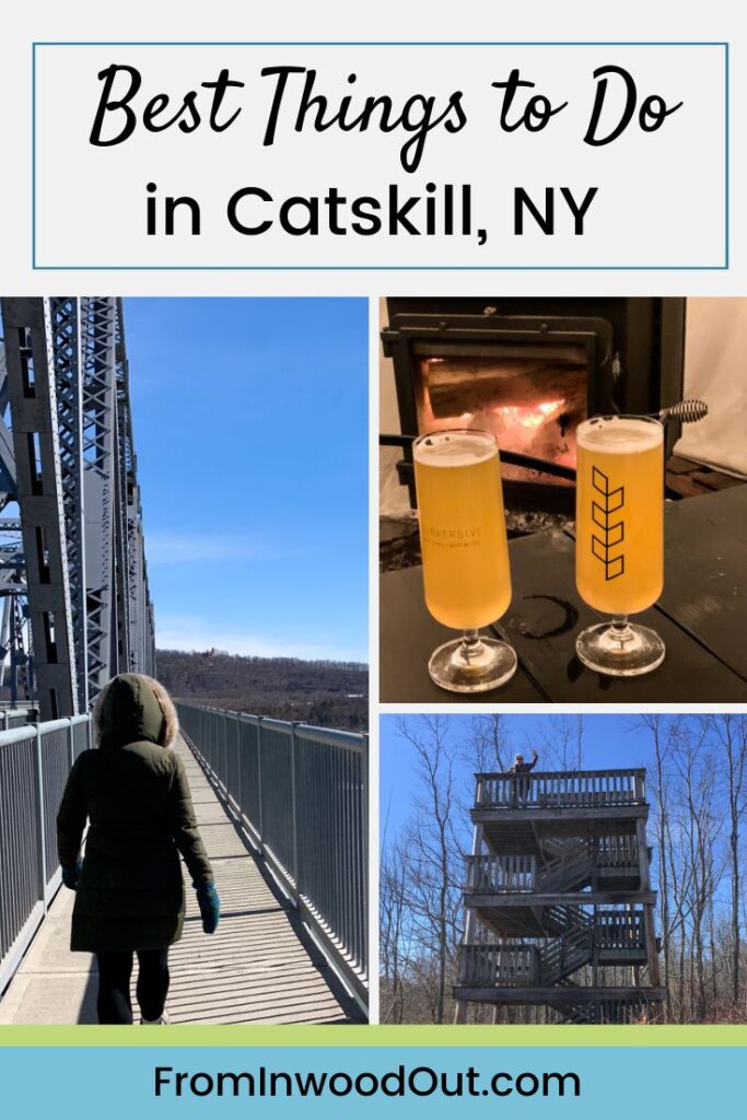 Three images: a bridge across the Hudson River, two draft beers in front of a woodstove, and a man waving from the top of a four-story bird lookout on an Audubon trail in Catskill, NY.