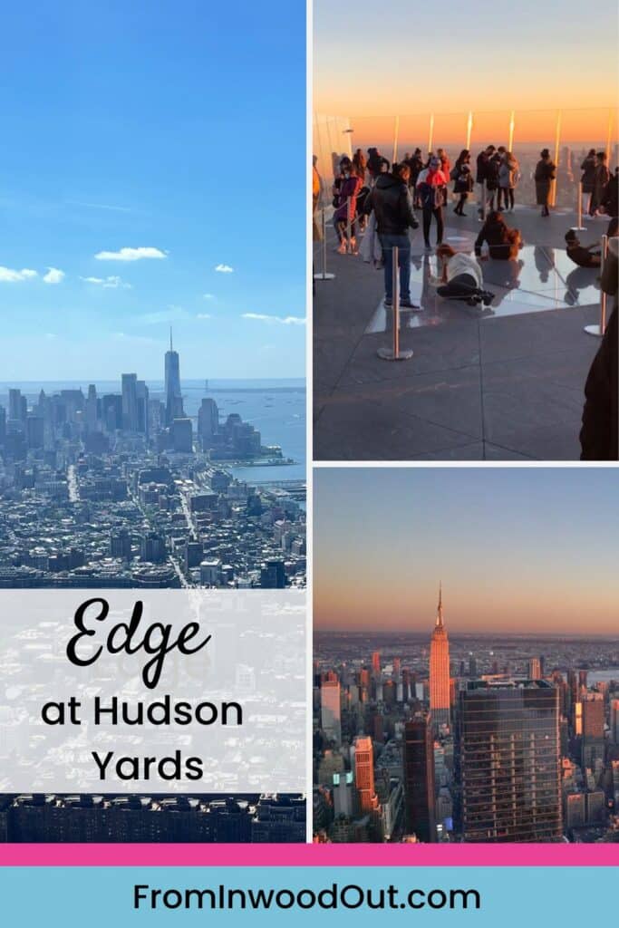 Three images of the views from the Edge observation deck at Hudson Yards in New York City.