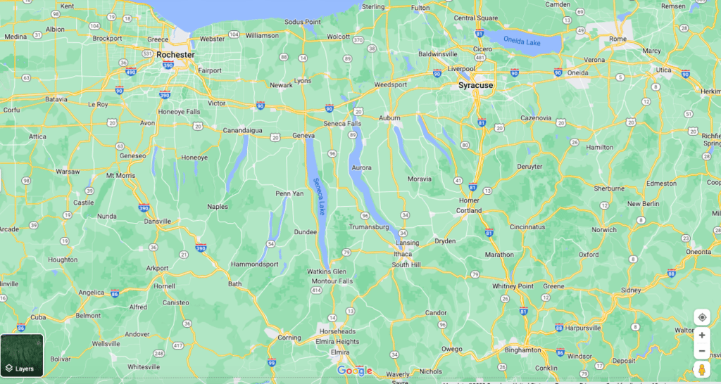 Screenshot from Google maps of the Finger Lakes region in New York.