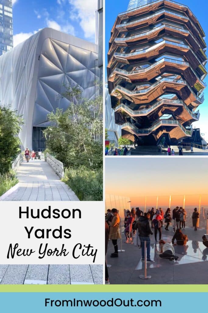 Three images from Hudson Yards in New York City: the Shed, the Edge Observation deck, and the Vessel.