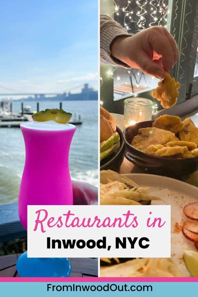 Two vertical images, one showing a frozen cocktail in a pink glass, with the Hudson River in the background. The other shows a hand grabbing a tostone.