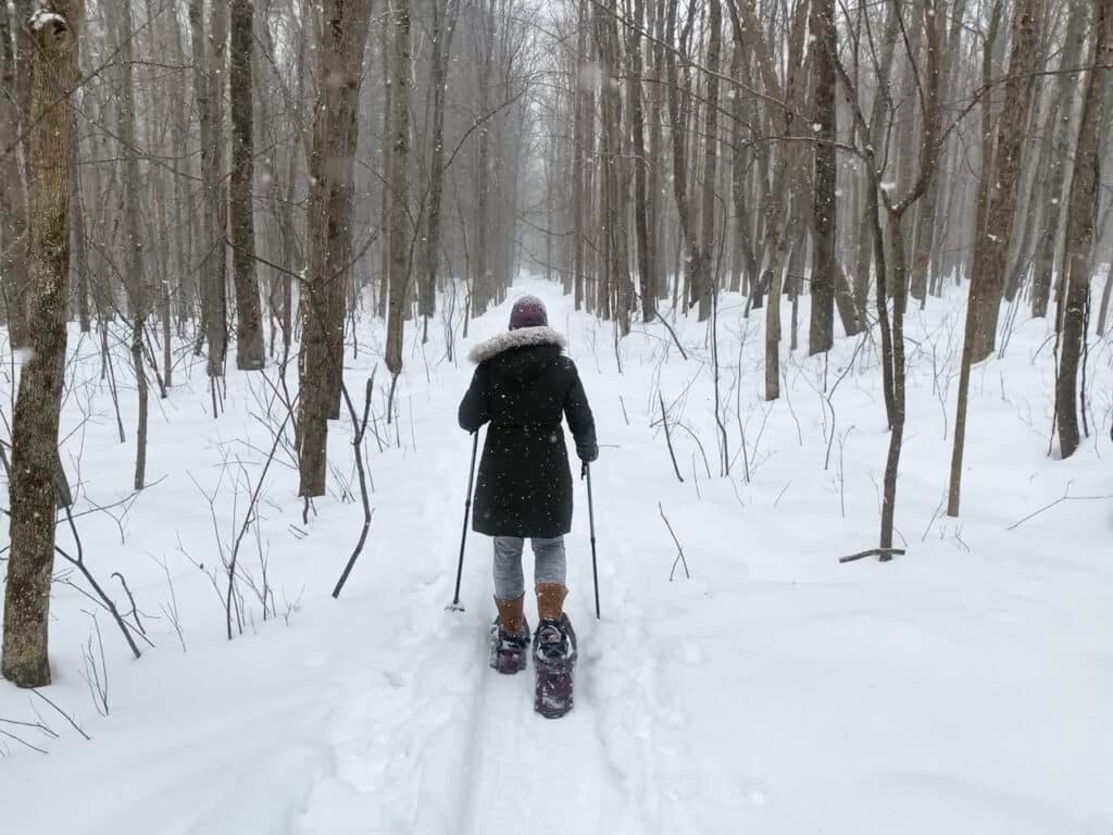 A woman seen from behind snowshoeing on a snow trail through the woods. 