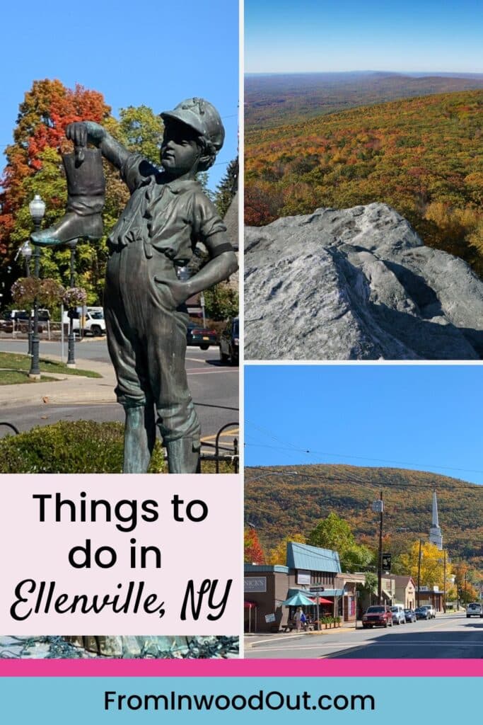 Two images of the village of Ellenville, NY. One image of fall foliage from a mountain peak. 