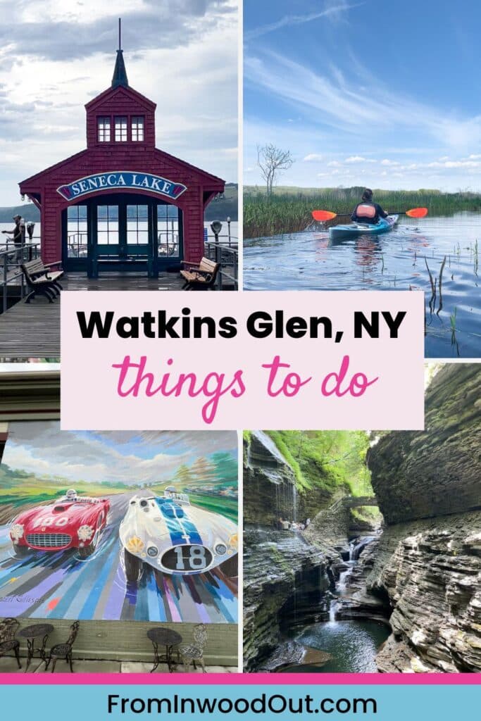 Collage of four images showing things to do in Watkins Glen, NY.