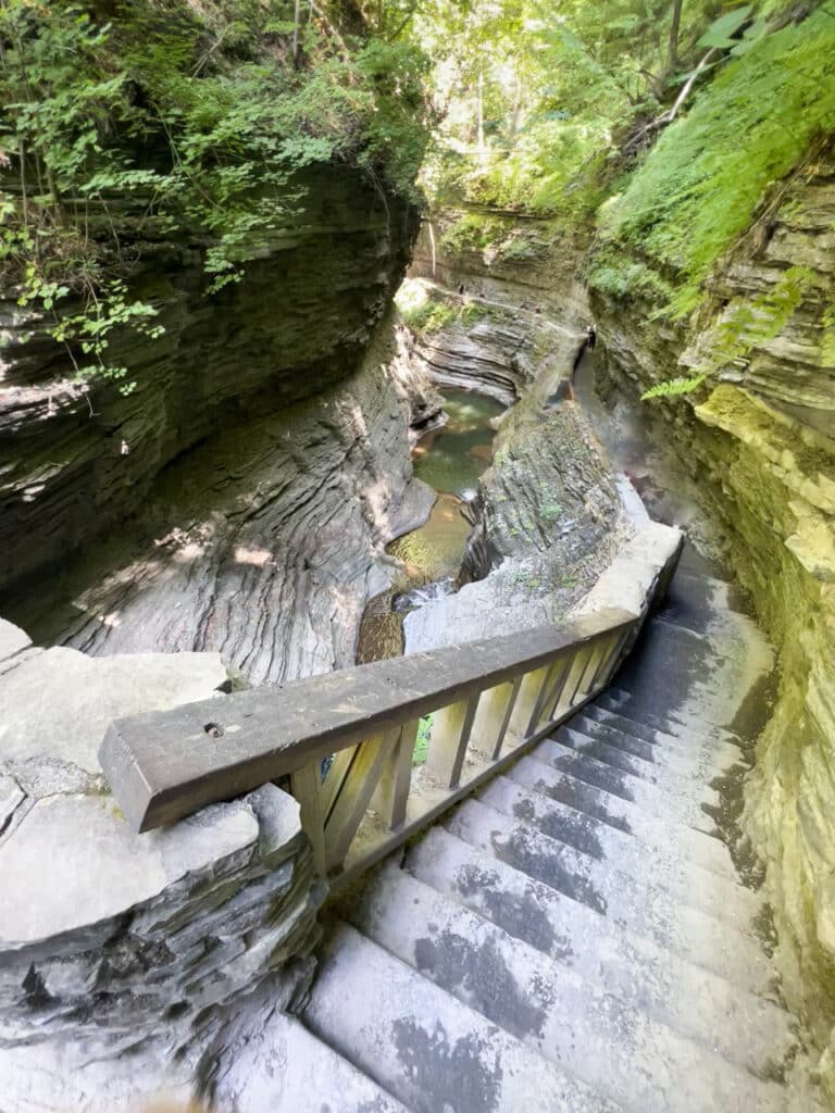 Stone staircase leading down to the Gorge Trail at Watkins Glen State Park in Watkins Glen, NY.