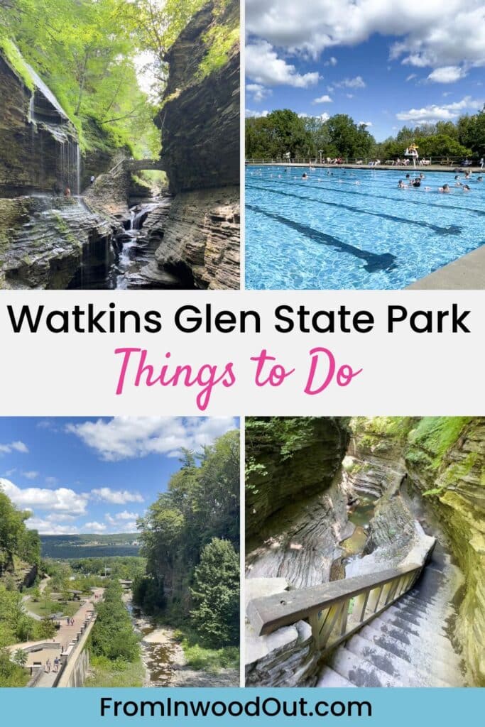 Three images of the hiking trails at Watkins Glen State Park and one image of an Olympic-size swimming pool. In Watkins Glen, NY.