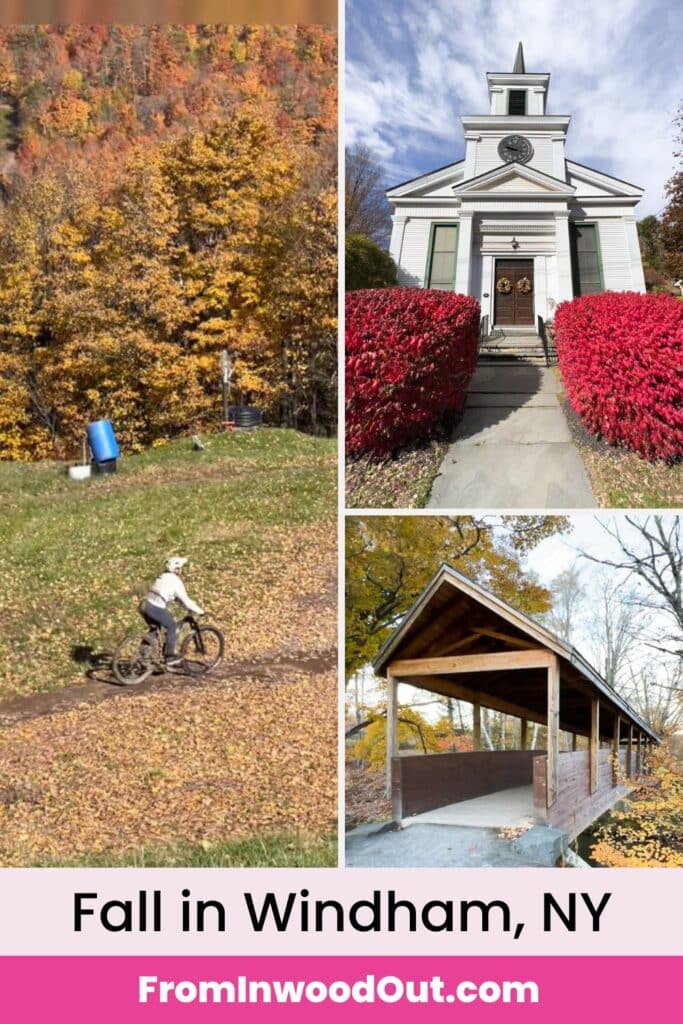 Three images of fall in Windham, NY: a mountain biker, the Windham town library, and a covered bridge on a nature trail. 