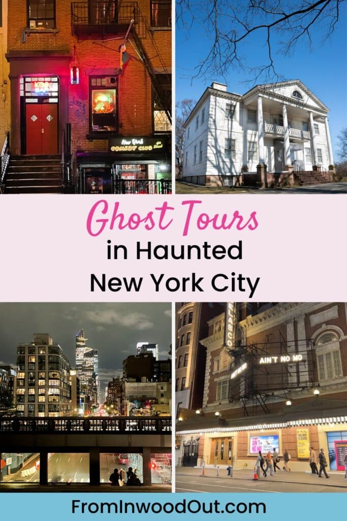 Three images of supposed haunted places in New York City: KGB Bar, Morris-Jumel Mansion, the High Line, and the Belasco Theatre. 
