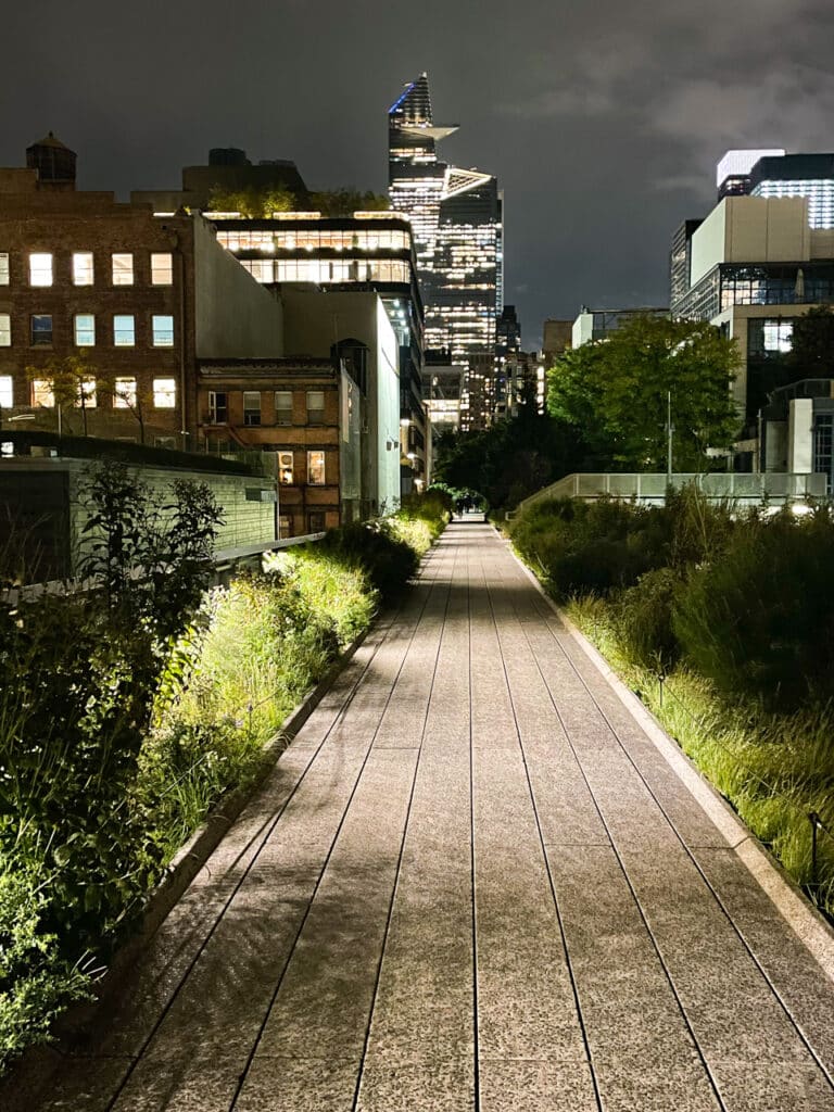 Looking north toward Hudson Yards from the High Line, at night in New York City.