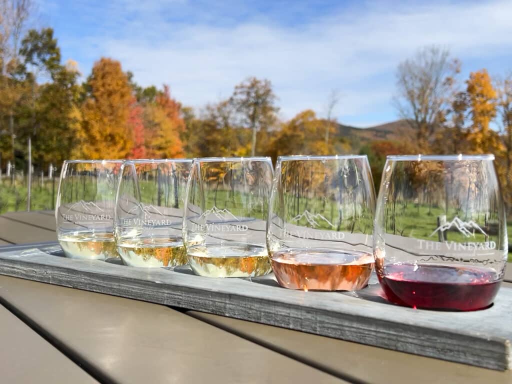 A flight of five wine samples sitting on a wooden railing, with colorful fall trees in the background. 
