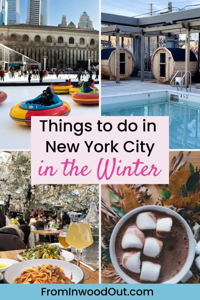 Collage of four images of New York City in the winter: Bumper cars on ice, barrel saunas near an outdoor pool, a cup of hot chocolate, and a meal at a themed rooftop restaurant. 