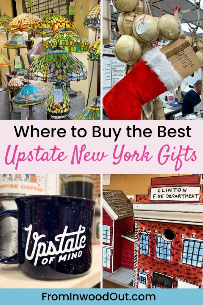 Four images: a store with several Tiffany style lamps, a deli counter, a birdhouse painted to look like a fire department and a mug with a logo that says Upstate of Mind.