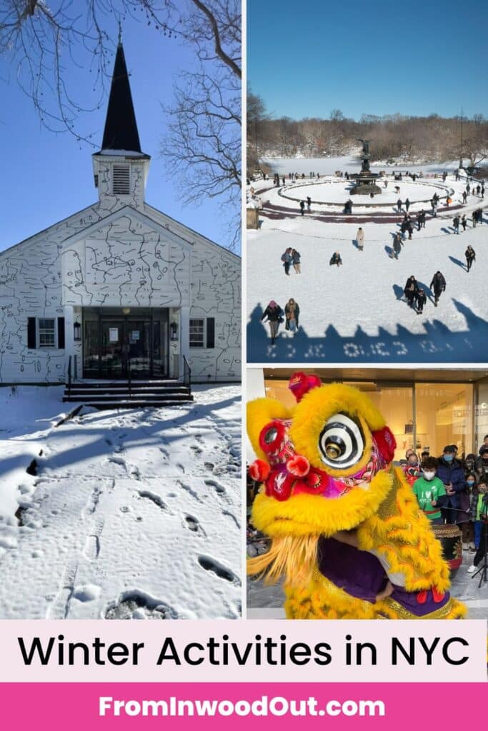Three images of New York City in the winter: a church on Governors Island, Bethesda Fountain in Central Park, and a bright yellow dancing dragon at a Lunar New Year performance. 