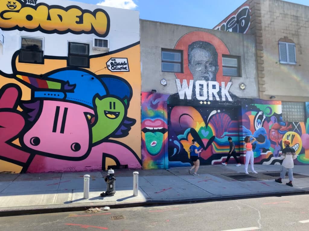 Colorful graffiti art on buildings in Brooklyn, NY. 