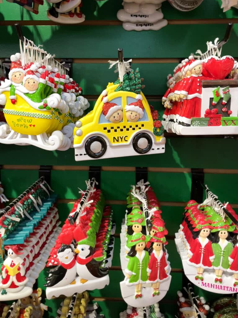 Yellow taxi and other New York City-themed Christmas ornaments.