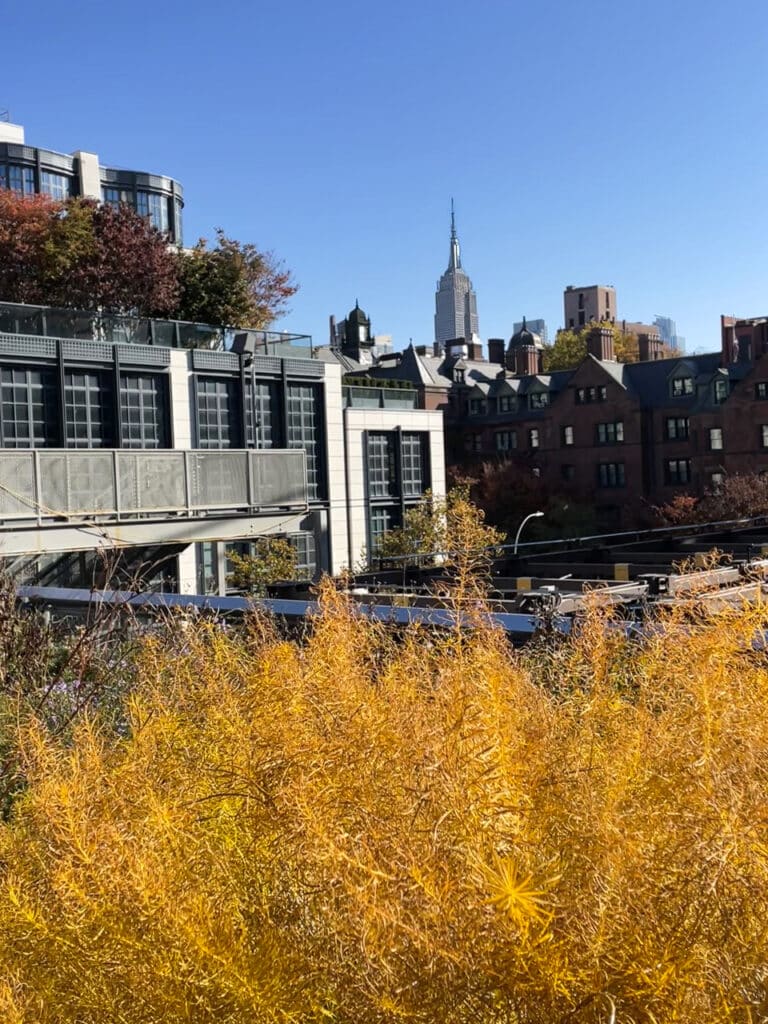 View of the Empire State Building from the High Line during the fall in New York City.