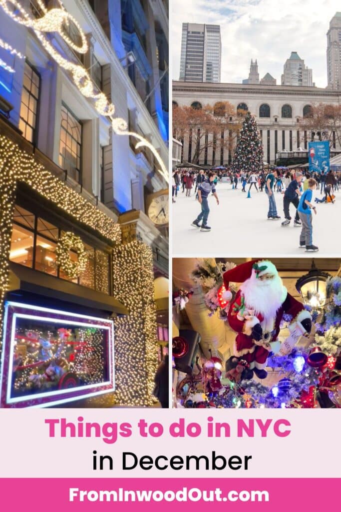 Three images of New York City in December: Macy's Christmas windows display, ice skating at Bryant Park, and the heavily decorated ceiling at a holiday-themed bar. 