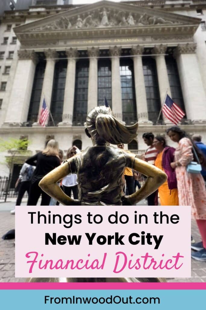 Back view of Fearless Girl Statue; she is looking at the New York Stock Exchange Building in New York City.
