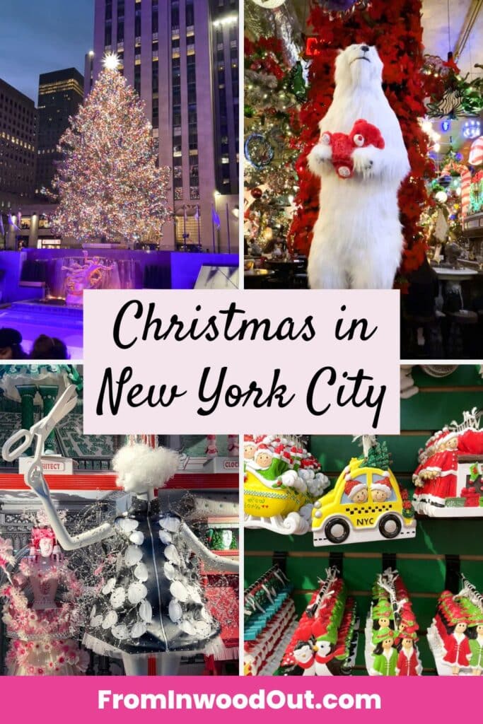 Four images of Christmas in New York City: the Rockefeller Center Christmas tree, a Christmas-themed restaurant, New York-themed tree ornaments, and the holiday window display at Bergdorf Goodman. 