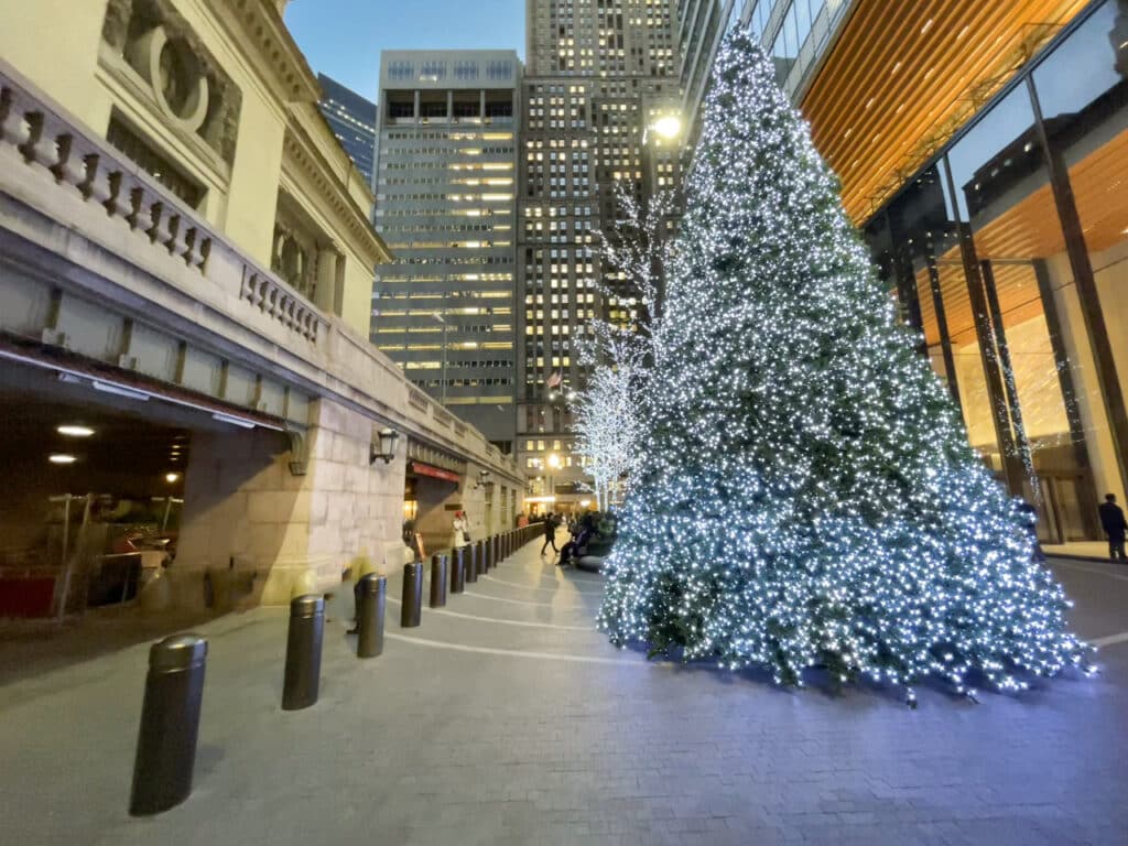Christmas tree decorated in white lights outside Grand Central Terminal in New York City.