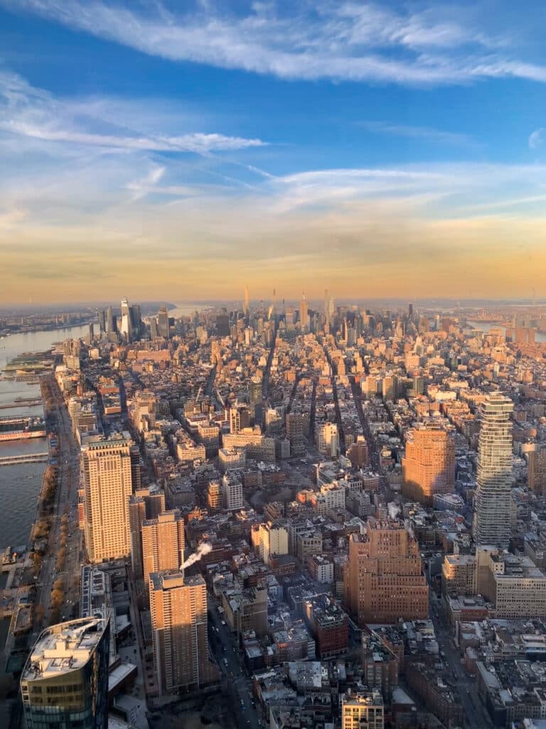 Skyline view of Lower Manhattan from One World Observatory in New York City.