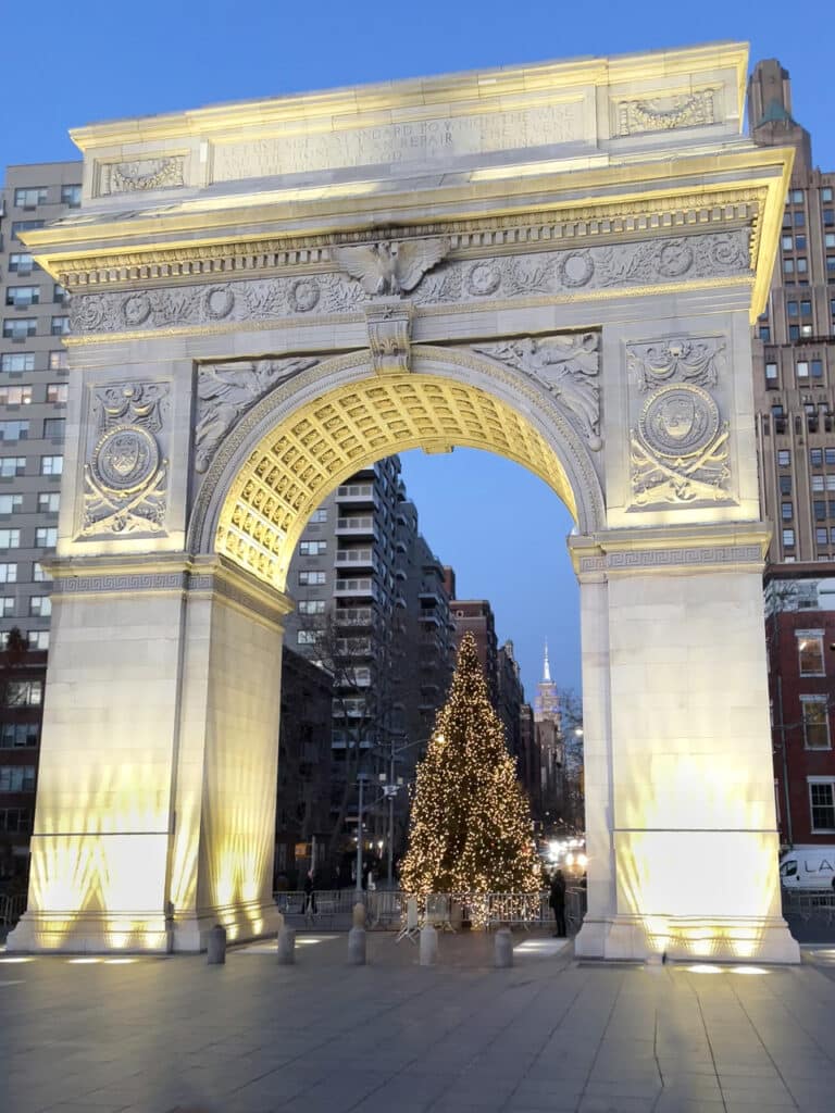 Christmas tree under the arch at Washington Square Park in New York City.
