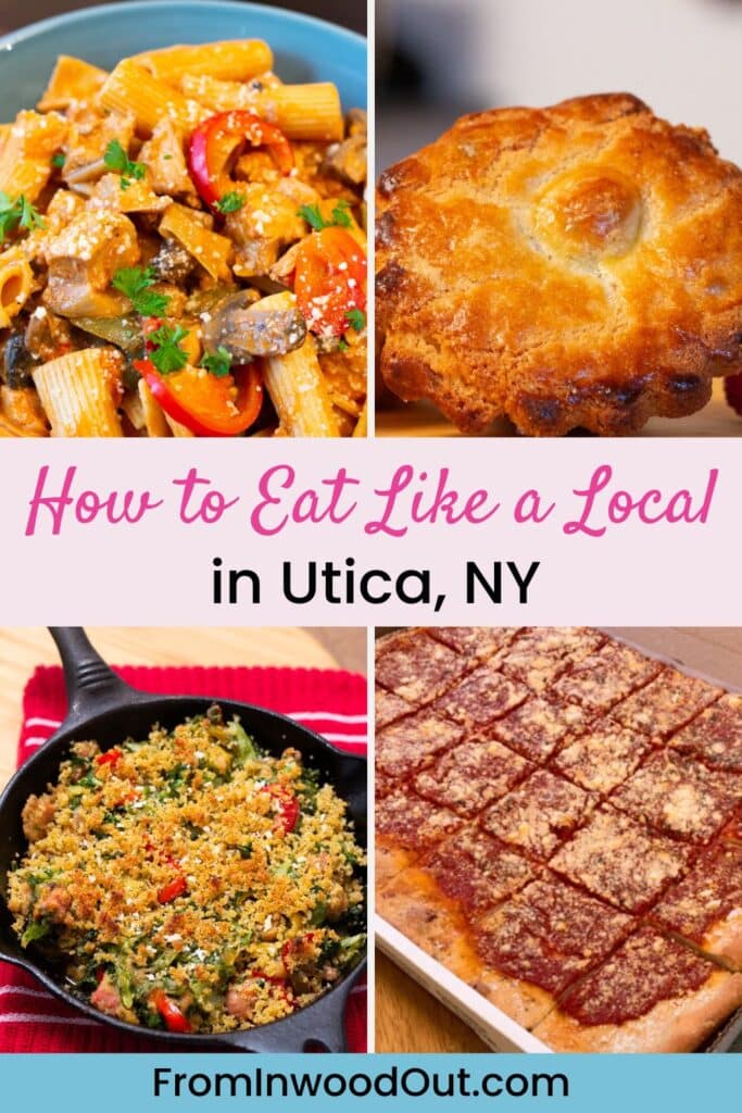 Four images of food: Utica Greens, tomato pie, pasticiotti, and chicken riggies. 