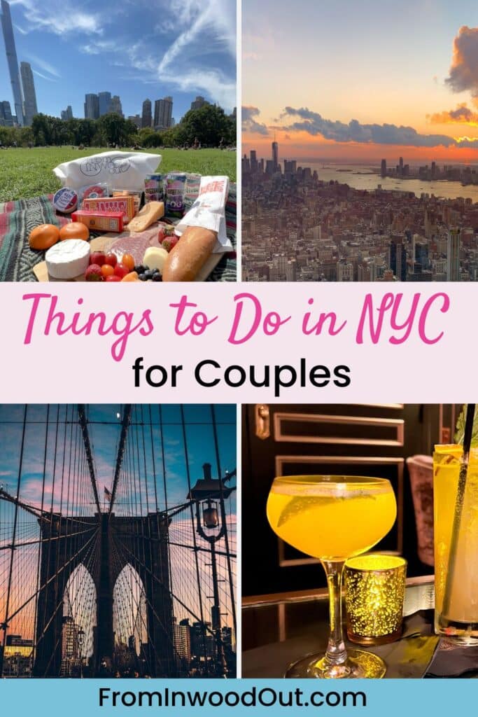 Four images of New York City: a picnic in Central Park, the Manhattan skyline at sunset, the Brooklyn Bridge at sunset, and two cocktails in a dimly lit cocktail lounge. 