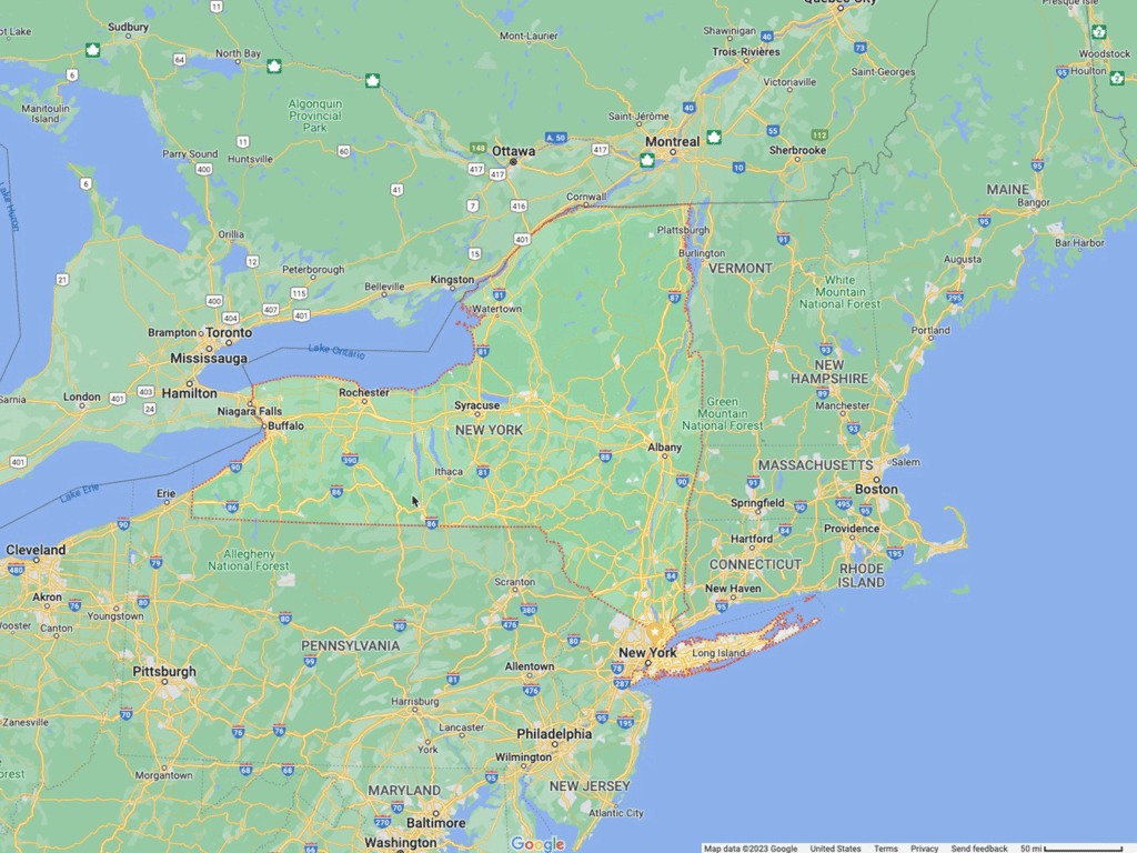 Screenshot of a Google map of New York State and surrounding states and bodies of water.