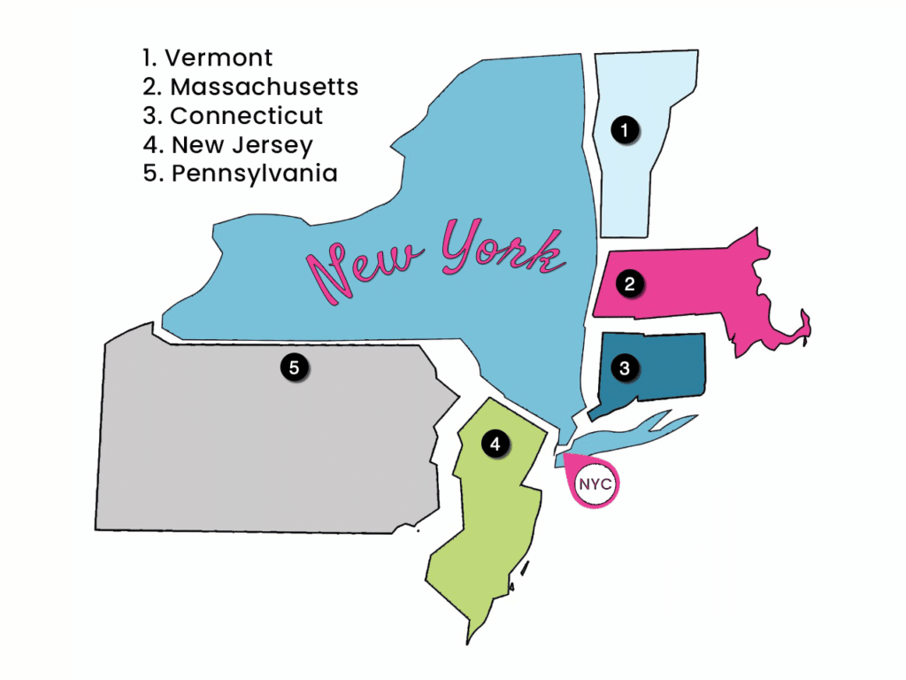 Colorful graphic showing New York State and the five states that border it.
