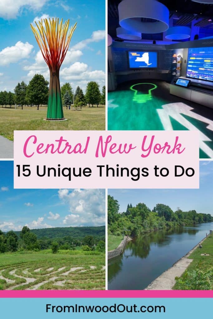 Pinterest graphic with four images of Utica, NY: an outdoor sculpture garden, an electricity museum, the Erie Canal, and a labyrinth mowed into a large field. 