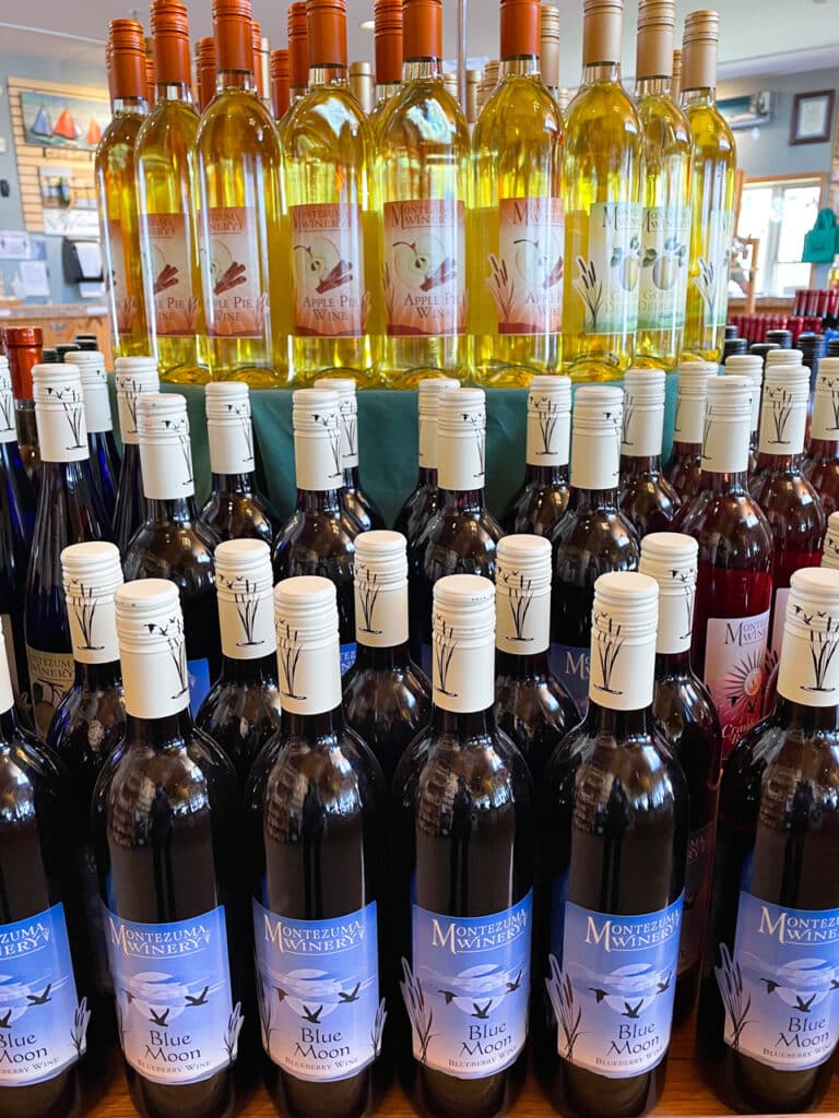 Display of bottles of fruit wines at Montezuma Winery in Seneca Falls, NY.