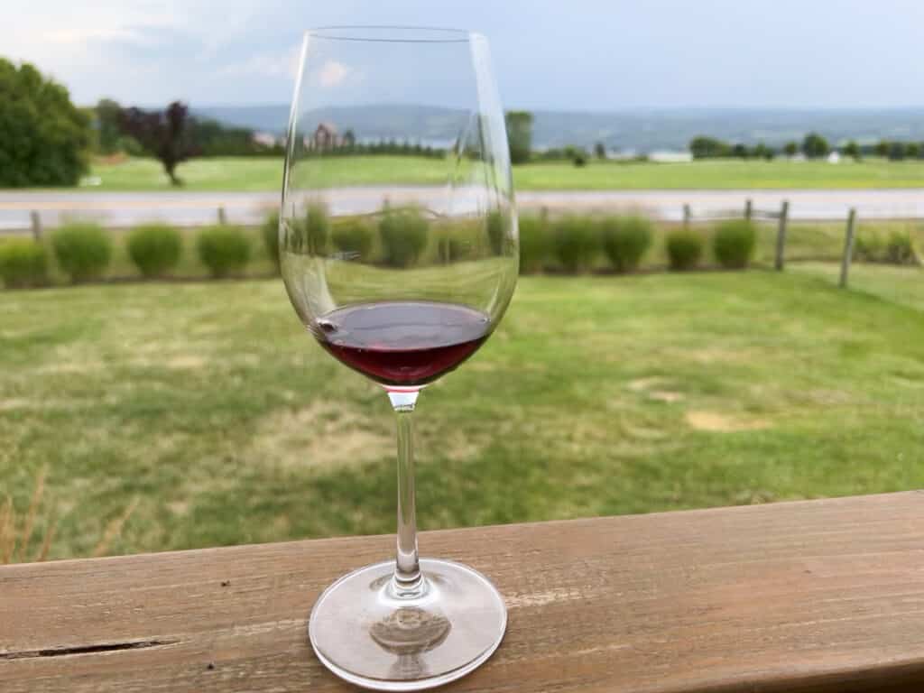 A glass of red wine sitting on a wooden railing with a view of fields and a lake in the background.