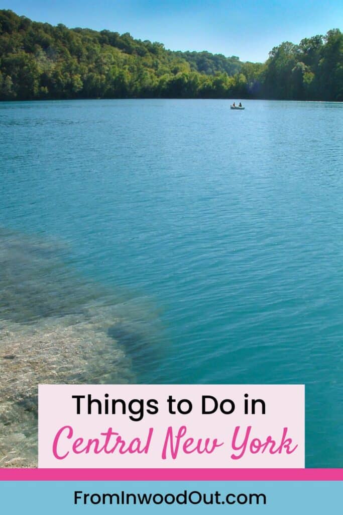 Pinterest graphic with an image of a clear blue lake and canoe in the distance.