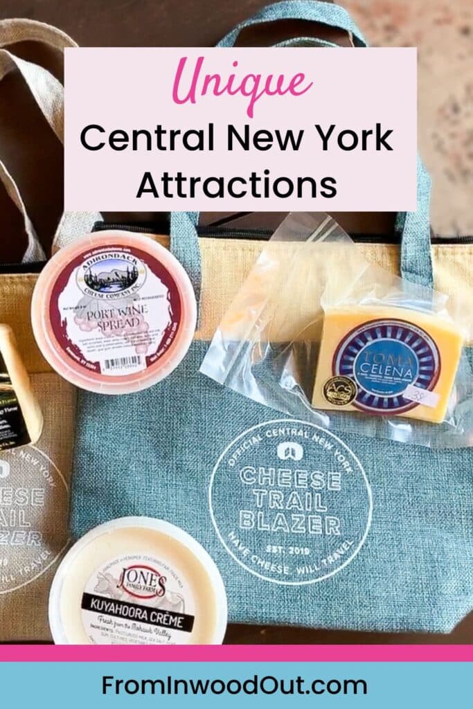 Pinterest graphic with an image of three types of cheese sitting on a tote that says Cheese Trail Blazer. 
