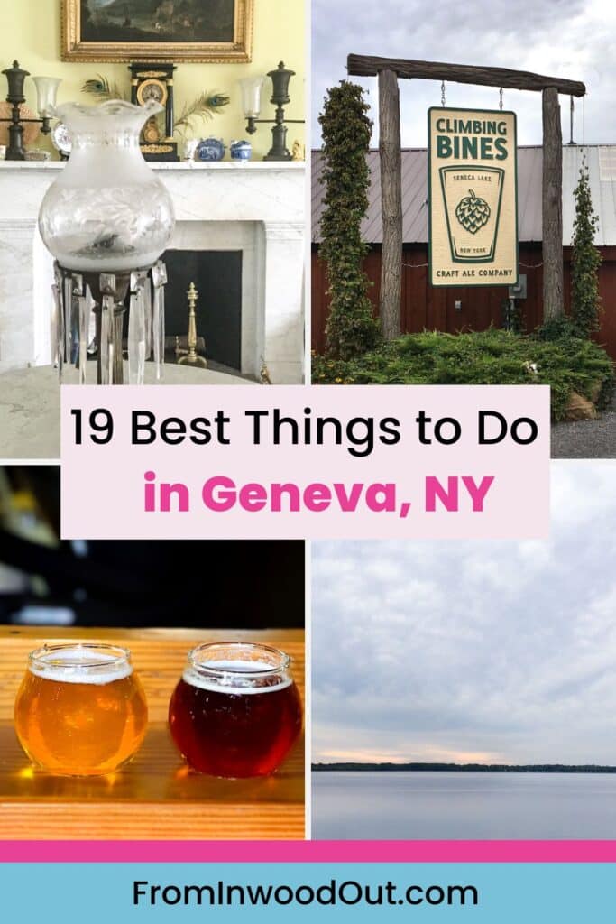 Pin graphic with four images: a gas lamp with an etched glass shade, entrance to a brewery, a lake at sunset, and a flight of beer. 