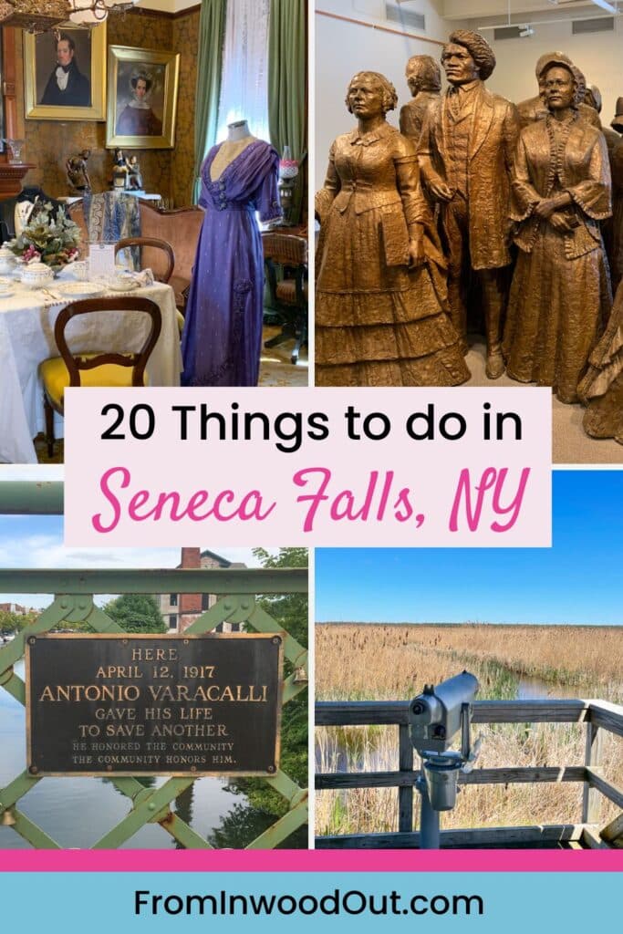 Four images of Seneca Falls, NY: inside the Seneca Falls Historical Society, the Visitor's Center at the Women's Rights National Historical Park, a bird sanctuary, and a bridge. 