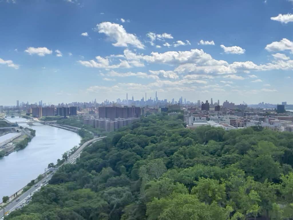 View of the Harlem River and Manhattan from the top of a 200-foot tower in Washington Heights. 