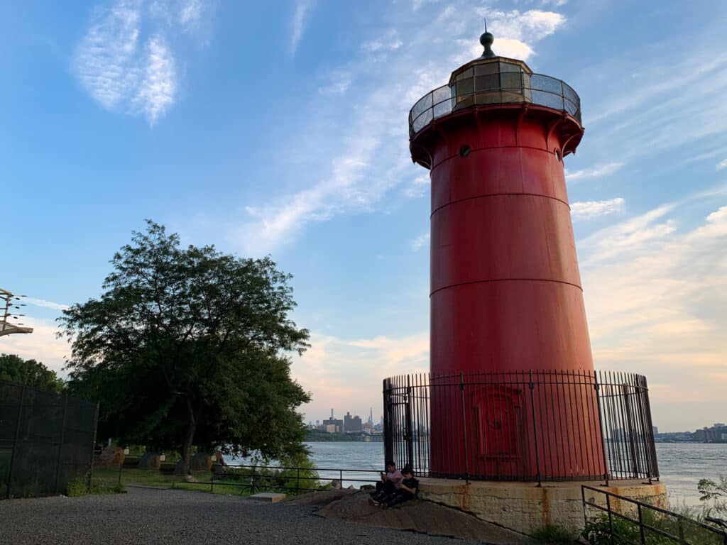 A 40-foot tall red lighthouse on the Hudson River in New York City. 