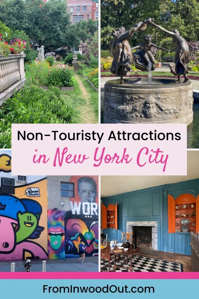 Pinterest graphic with four images: a bronze statue of girls dancing, inside a house museum, graffiti murals, and a garden path in a park.