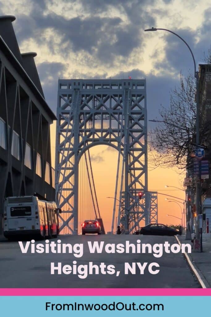 Pinterest graphic with an image of the George Washington Bridge at sunset in New York City.