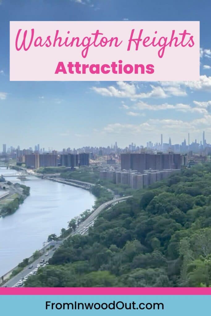 Pinterest graphic with a view of Manhattan from the top of the Highbridge Water Tower in Washington Heights. 