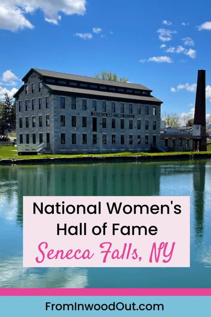 Pin graphic with picture of the exterior of the National Women's Hall of Fame in Seneca Falls, NY.