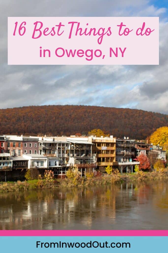 Pinterest graphic with an image of Downtown Owego, NY, viewed from a distance. 