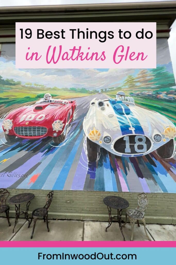 An outdoor mural featuring an artistic depiction of two race cars on a race track. 