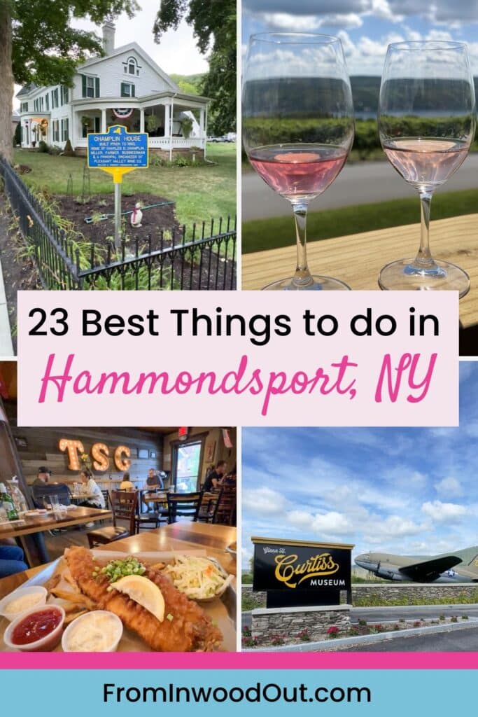 Pinterest graphic with four images of Hammondsport, NY: two glasses of rose wine, outside the Curtiss Aviation Museum, a fish fry in a restaurant, and a historical bed-and-breakfast.