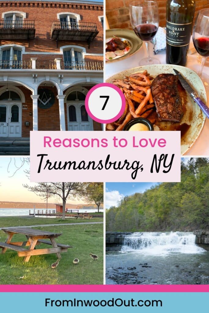 Pinterest graphic with four images of Trumansburg, NY: a steak dinner at a restaurant, a waterfall, a picnic table and baby ducks at the lake, a building on Main Street.